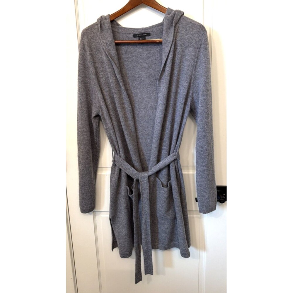 Tahari 100% Cashmere Long Cardigan Gray Sweater XL Hooded Belt Pockets Old Money